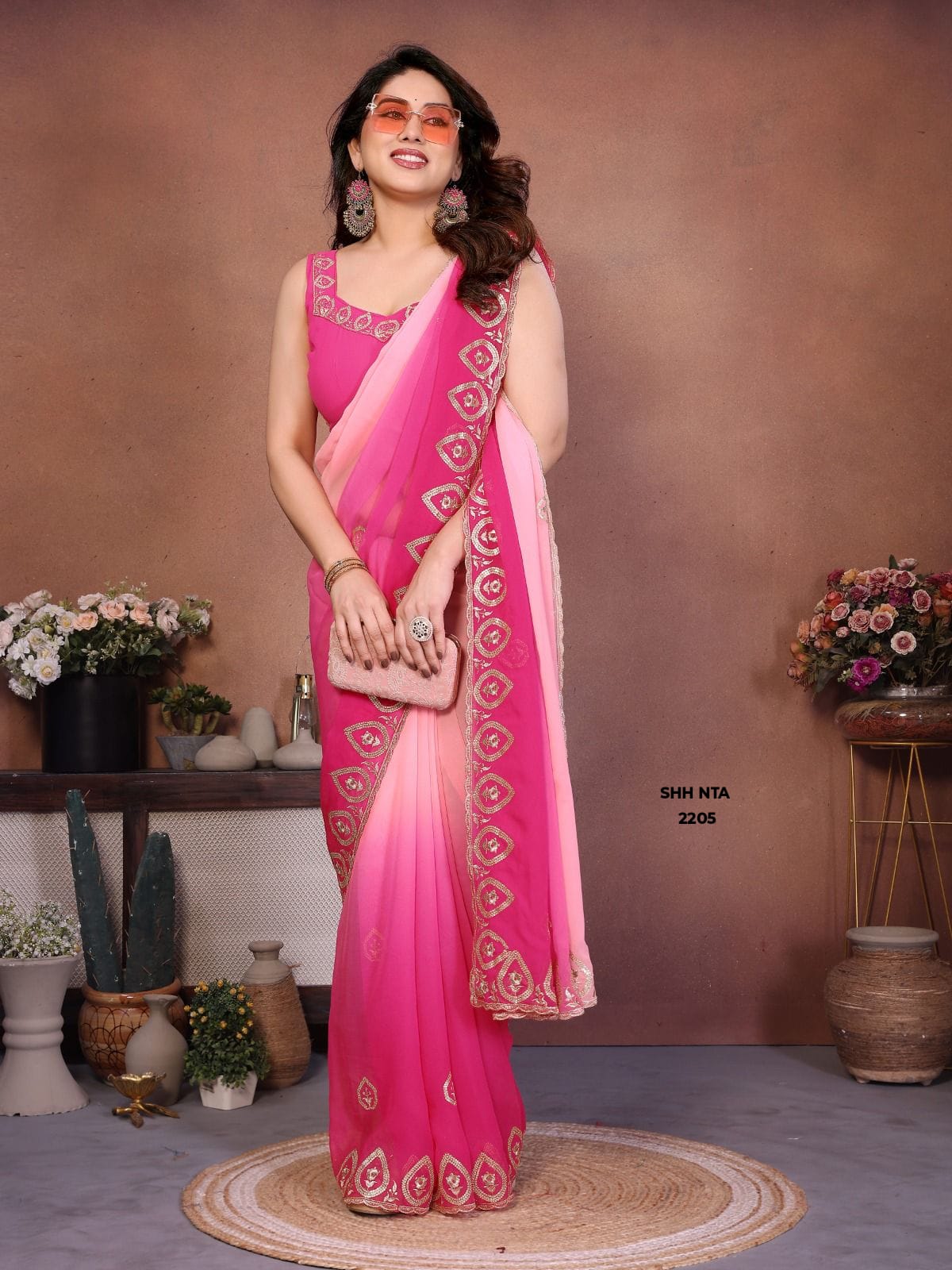 Ferozi Royal Blue and Grey Dual-Tone Ombre Georgette Saree with Elegant Silver Zari Embroidered